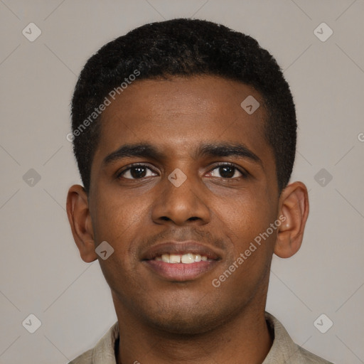 Joyful black young-adult male with short  black hair and brown eyes