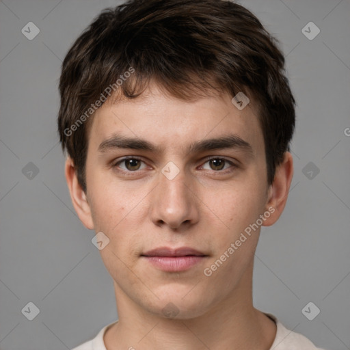 Neutral white young-adult male with short  brown hair and brown eyes