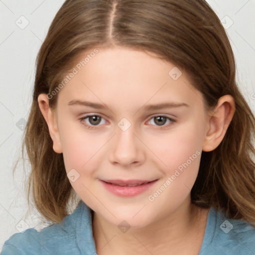 Joyful white child female with medium  brown hair and brown eyes