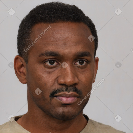 Neutral black young-adult male with short  black hair and brown eyes