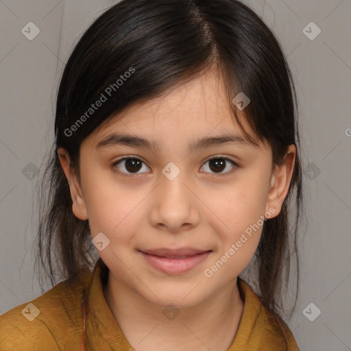 Joyful white child female with medium  brown hair and brown eyes