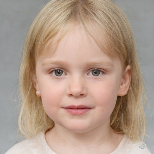 Neutral white child female with medium  brown hair and blue eyes