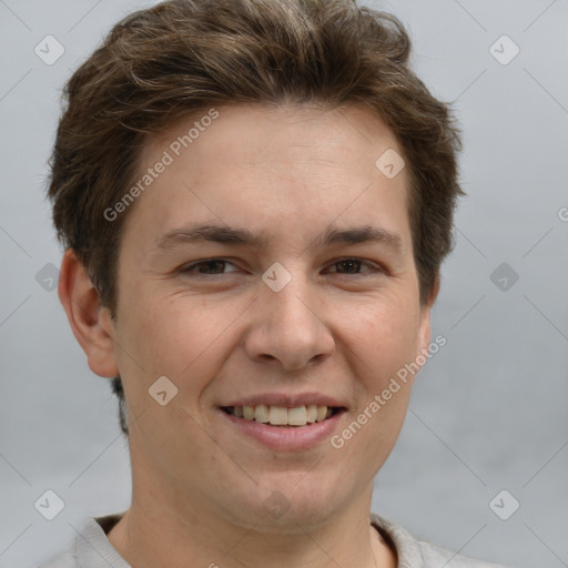 Joyful white young-adult female with short  brown hair and grey eyes