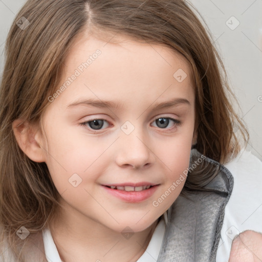 Joyful white child female with medium  brown hair and blue eyes