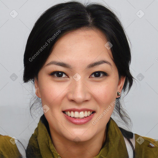 Joyful asian young-adult female with medium  brown hair and brown eyes