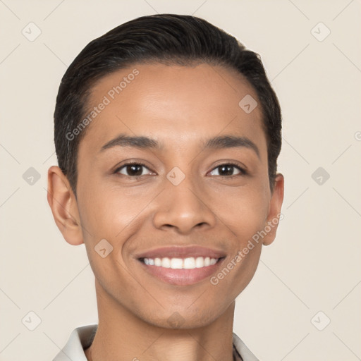 Joyful latino young-adult male with short  brown hair and brown eyes