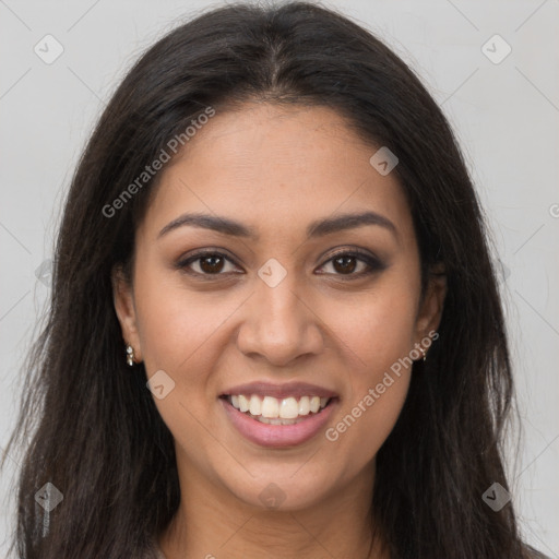 Joyful latino young-adult female with long  brown hair and brown eyes