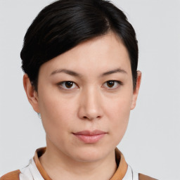 Neutral white young-adult female with short  brown hair and brown eyes