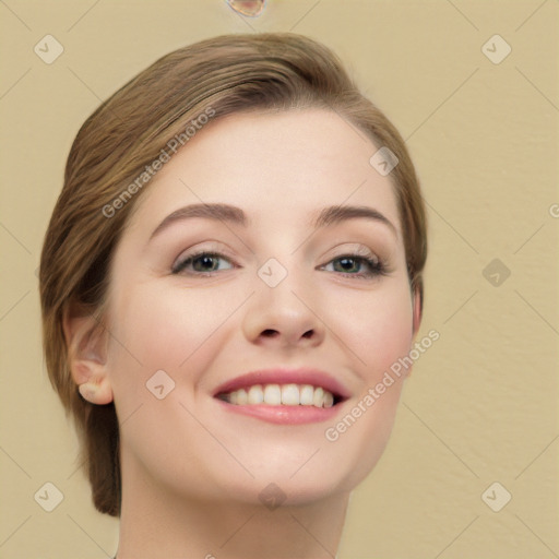 Joyful white young-adult female with medium  brown hair and green eyes