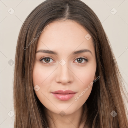 Neutral white young-adult female with long  brown hair and brown eyes