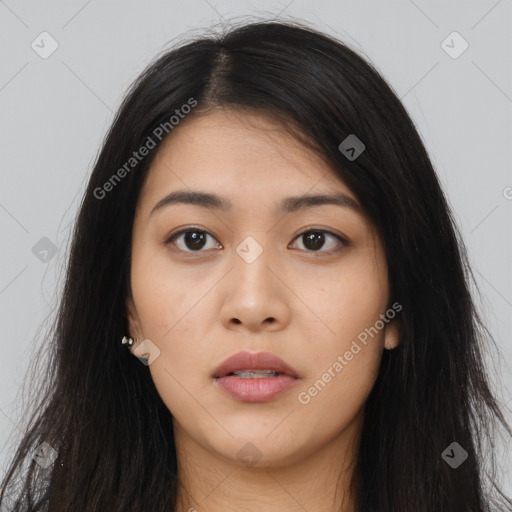 Neutral asian young-adult female with long  black hair and brown eyes