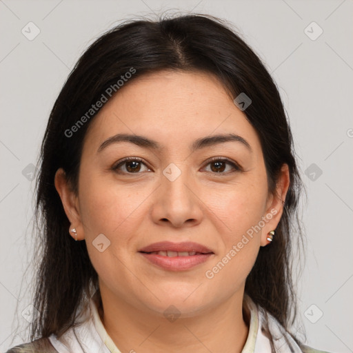 Joyful white young-adult female with medium  brown hair and brown eyes