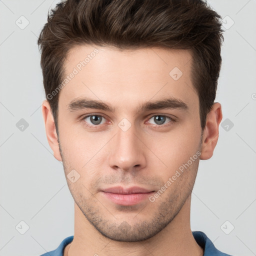 Neutral white young-adult male with short  brown hair and brown eyes