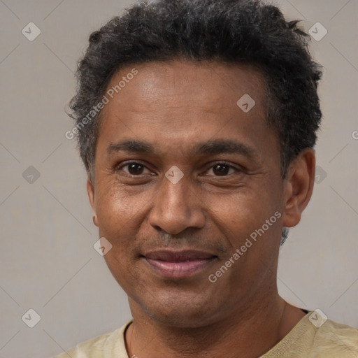 Joyful latino adult male with short  black hair and brown eyes