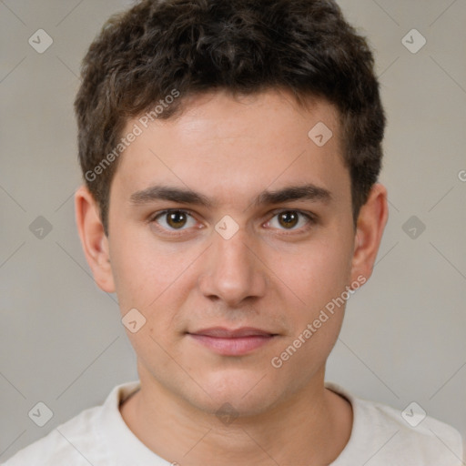 Neutral white young-adult male with short  brown hair and brown eyes