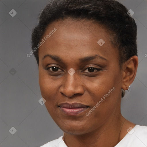 Joyful black adult female with short  brown hair and brown eyes