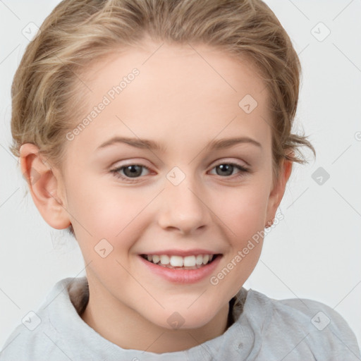 Joyful white child female with short  brown hair and brown eyes