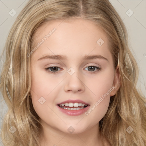 Joyful white child female with long  brown hair and brown eyes