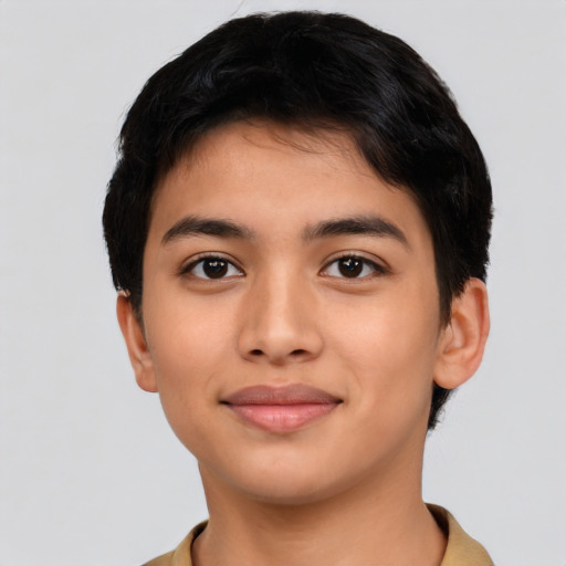 Joyful latino young-adult male with short  brown hair and brown eyes