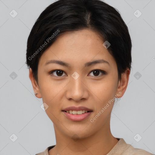 Joyful asian young-adult female with short  black hair and brown eyes