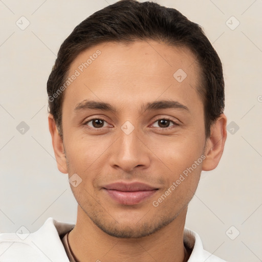 Joyful white young-adult male with short  brown hair and brown eyes