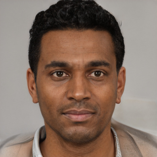 Neutral black young-adult male with short  black hair and brown eyes