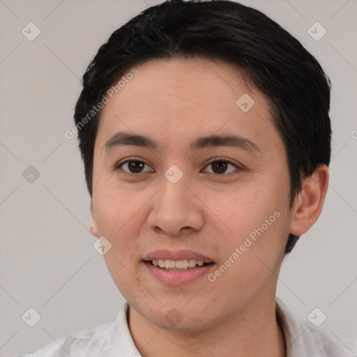 Joyful white young-adult female with short  black hair and brown eyes