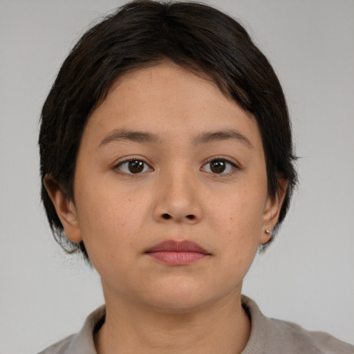 Neutral asian young-adult female with medium  brown hair and brown eyes