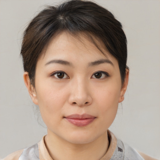 Neutral asian young-adult female with medium  brown hair and brown eyes