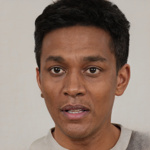 Neutral black adult male with short  black hair and brown eyes