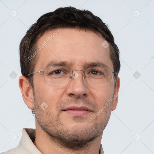 Neutral white adult male with short  brown hair and brown eyes