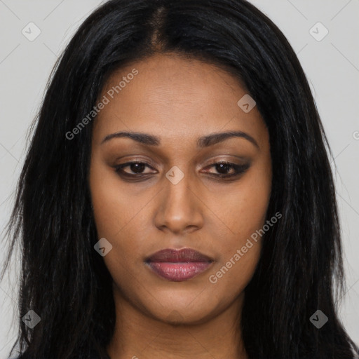 Joyful asian young-adult female with long  black hair and brown eyes