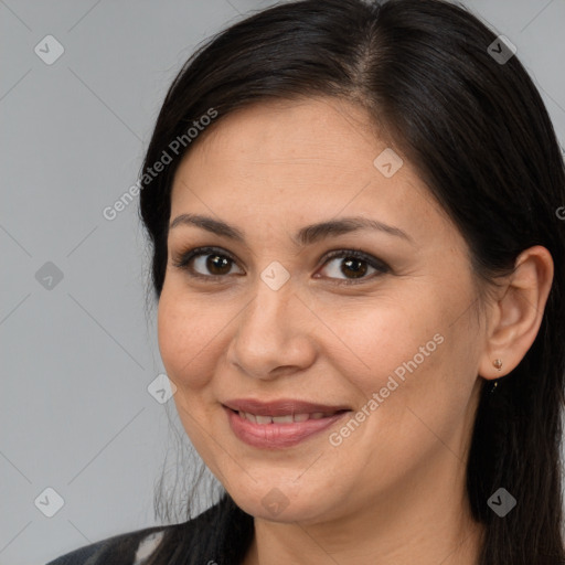 Joyful white adult female with medium  brown hair and brown eyes