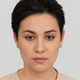 Neutral white young-adult female with short  brown hair and brown eyes