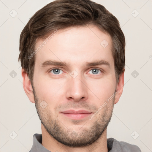 Neutral white young-adult male with short  brown hair and grey eyes