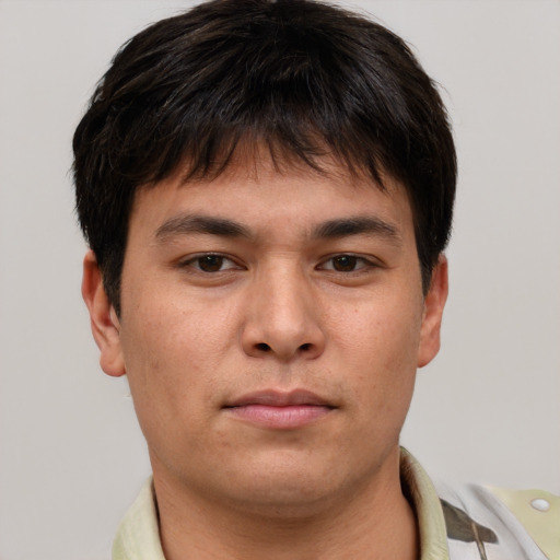 Neutral asian young-adult male with short  brown hair and brown eyes