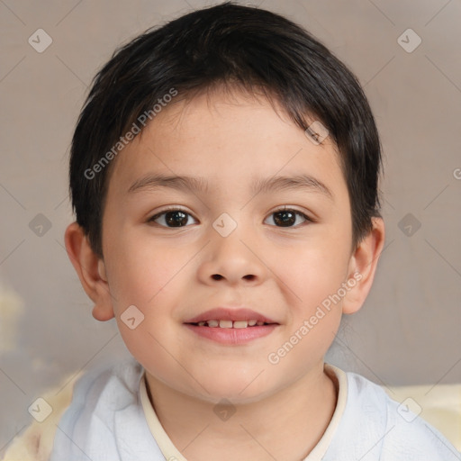 Joyful white child male with short  brown hair and brown eyes