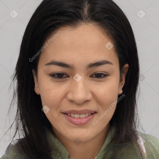 Joyful asian young-adult female with long  brown hair and brown eyes