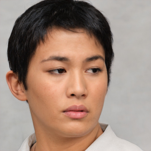 Neutral asian young-adult female with short  brown hair and brown eyes