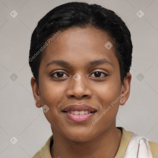 Joyful latino young-adult female with short  brown hair and brown eyes