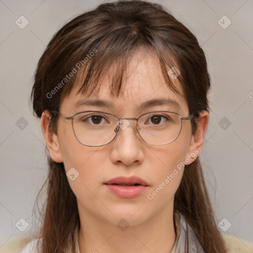 Neutral white adult female with medium  brown hair and grey eyes