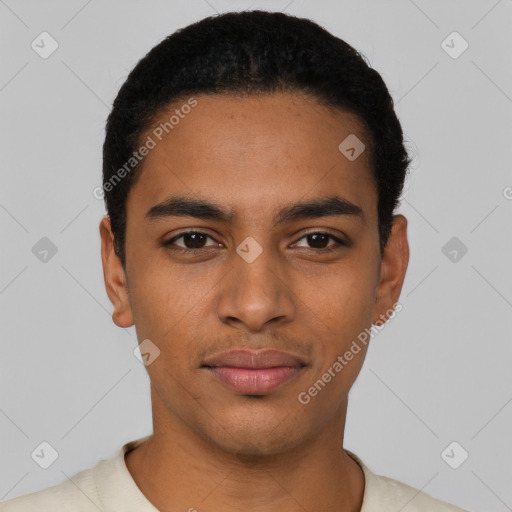 Neutral latino young-adult male with short  black hair and brown eyes