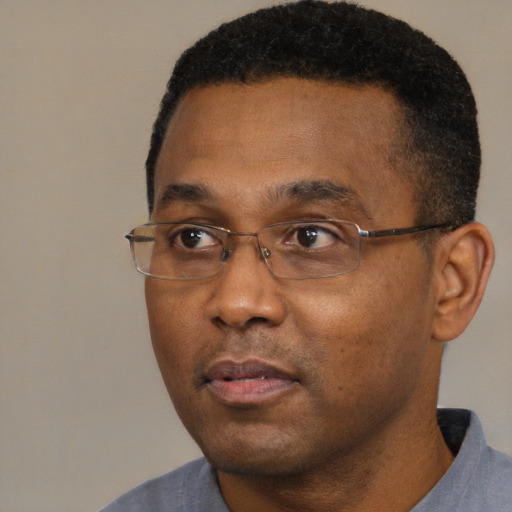 Neutral black adult male with short  black hair and brown eyes