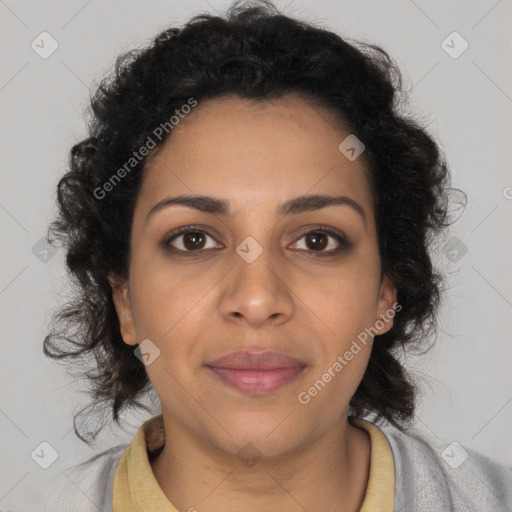 Neutral latino young-adult female with medium  brown hair and brown eyes