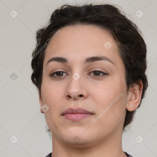 Neutral white young-adult female with short  brown hair and brown eyes