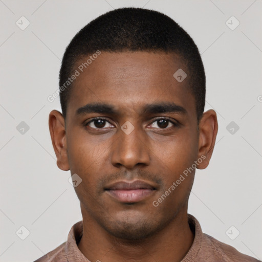 Neutral black young-adult male with short  black hair and brown eyes