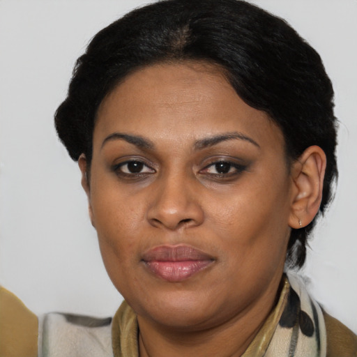 Joyful latino adult female with short  brown hair and brown eyes