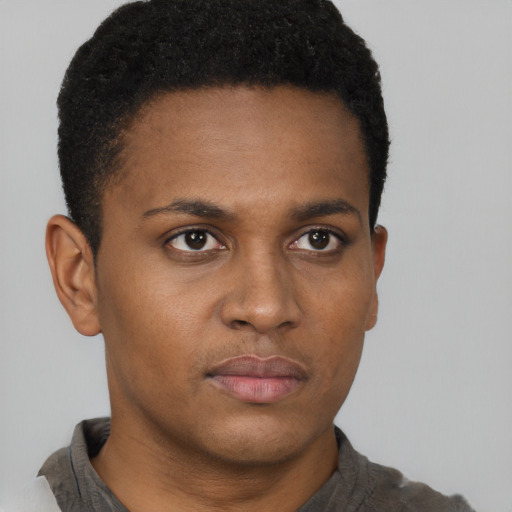 Neutral black young-adult male with short  brown hair and brown eyes
