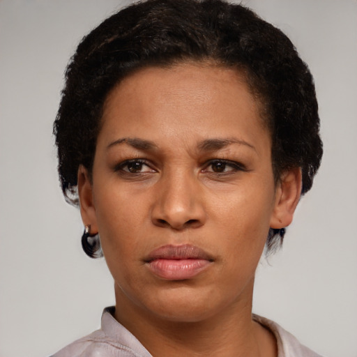 Neutral latino adult female with short  black hair and brown eyes