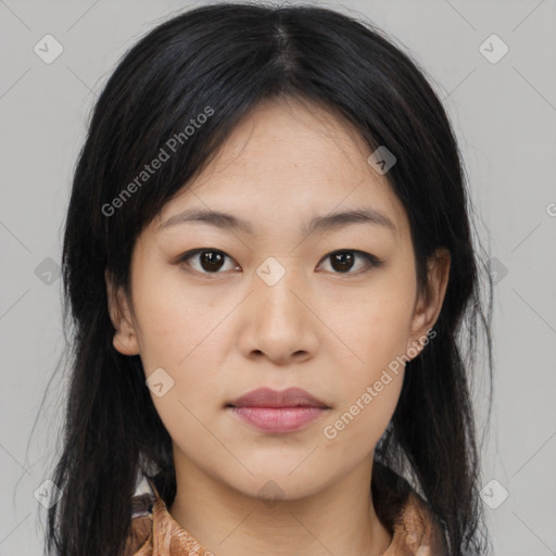 Neutral asian young-adult female with medium  brown hair and brown eyes